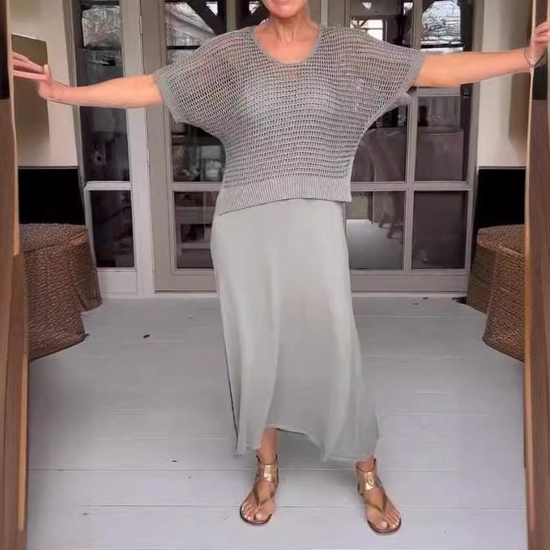 Dámský dvoudílný komplet háčkované tuniky a pletených šatů-TAB