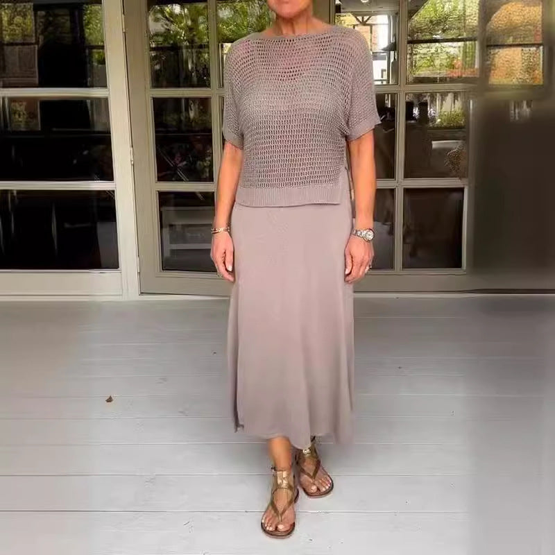 Dámský dvoudílný komplet háčkované tuniky a pletených šatů-TAB