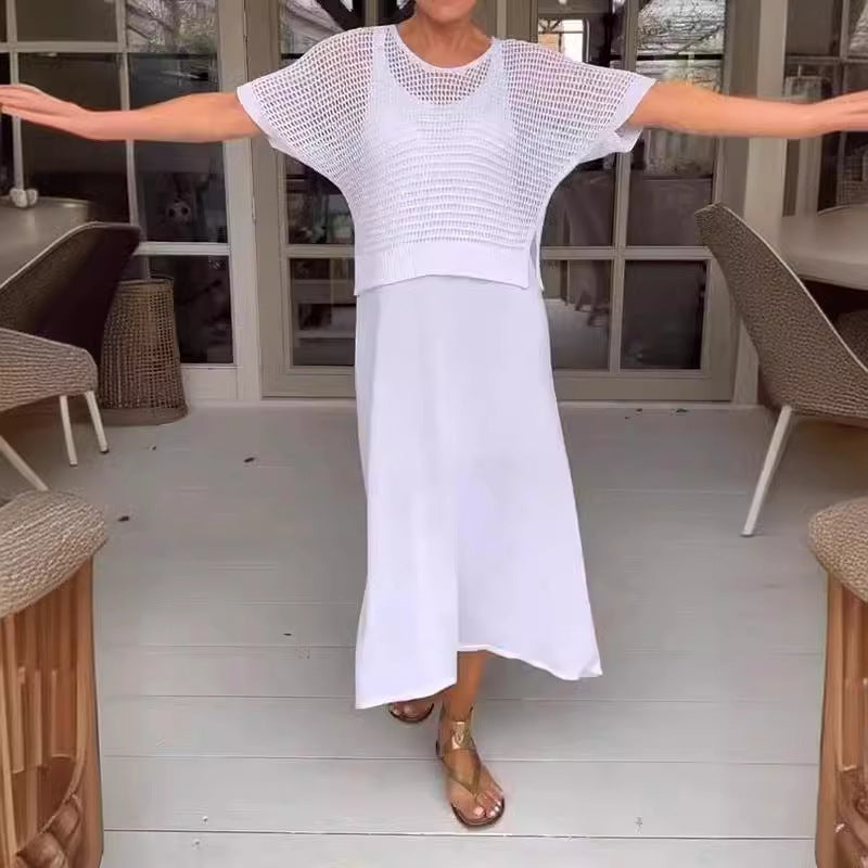 Dámský dvoudílný komplet háčkované tuniky a pletených šatů-TAB