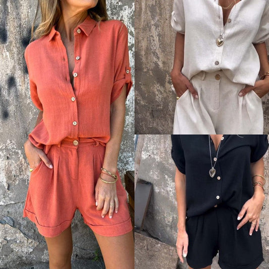 🌷 Dámský dvoudílný set z bavlny a lnu, top + šortky💝