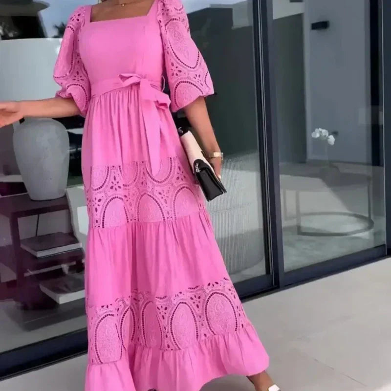 🎊2024 Nové produkty👗Módní dámské dlouhé šaty se zavazováním v pase a čtvercovým výstřihem-TAB