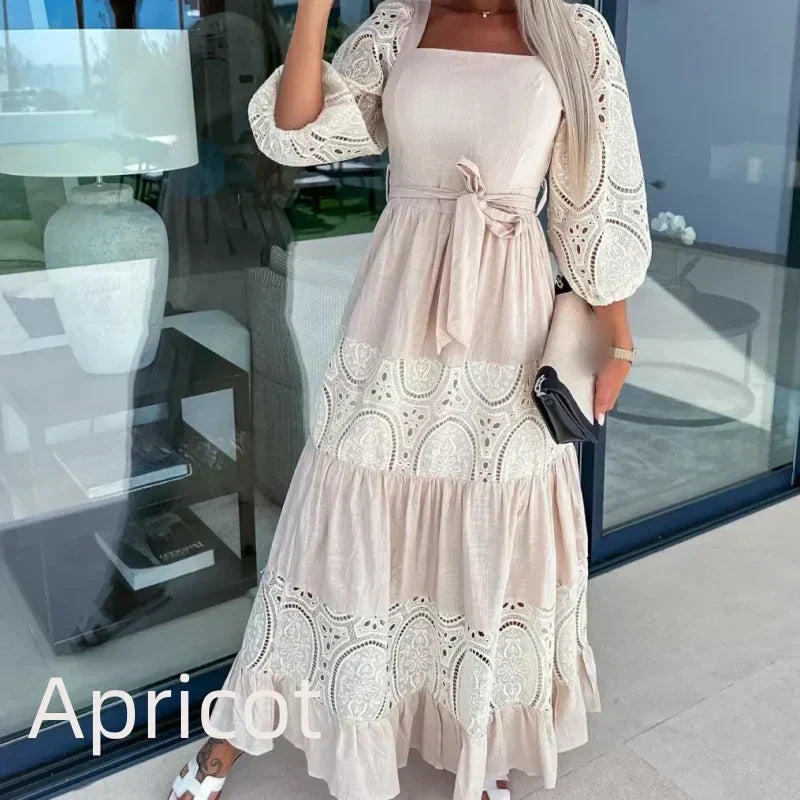 🎊2024 Nové produkty👗Módní dámské dlouhé šaty se zavazováním v pase a čtvercovým výstřihem-TAB