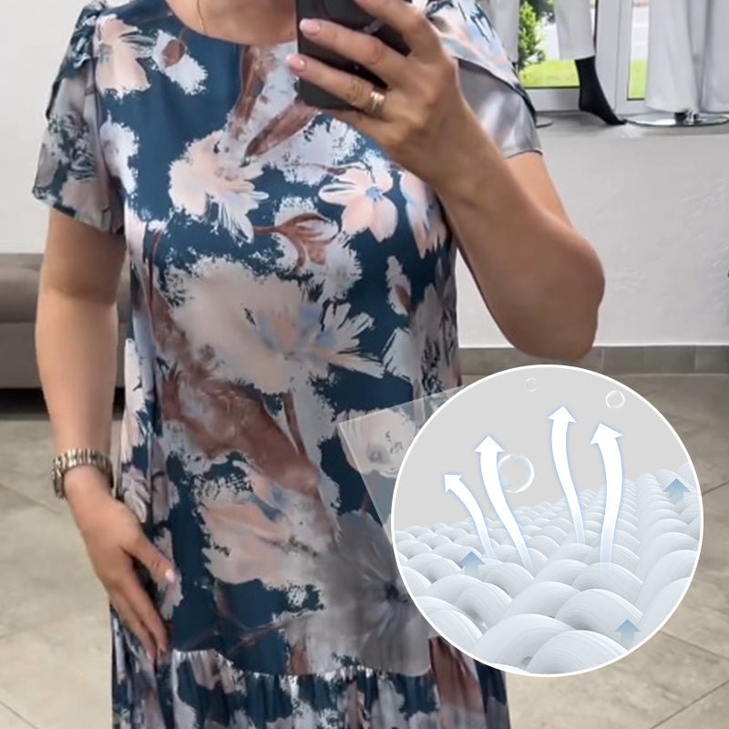 🌸Květinové šaty s krátkým rukávem, kulatým výstřihem, volný střih🌟