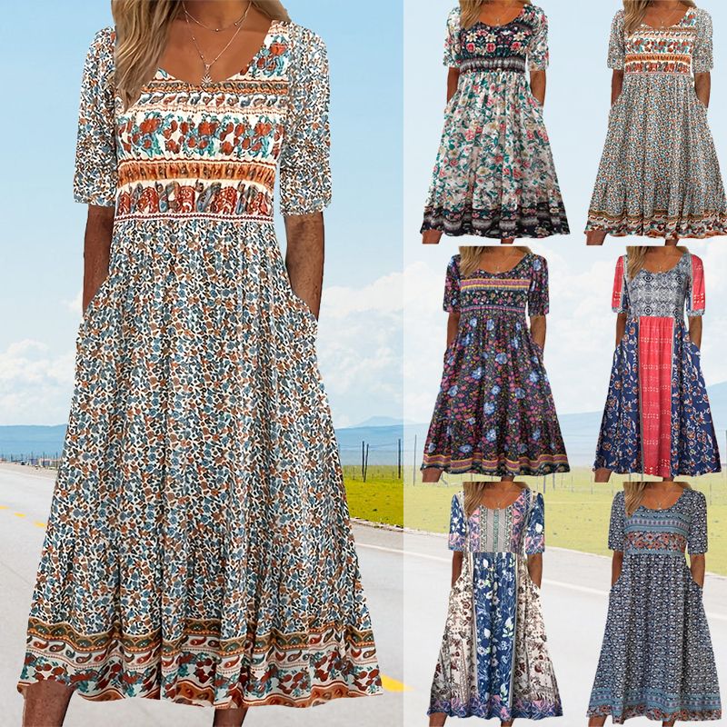 🌸 Elegantní dámské šaty s boho potiskem