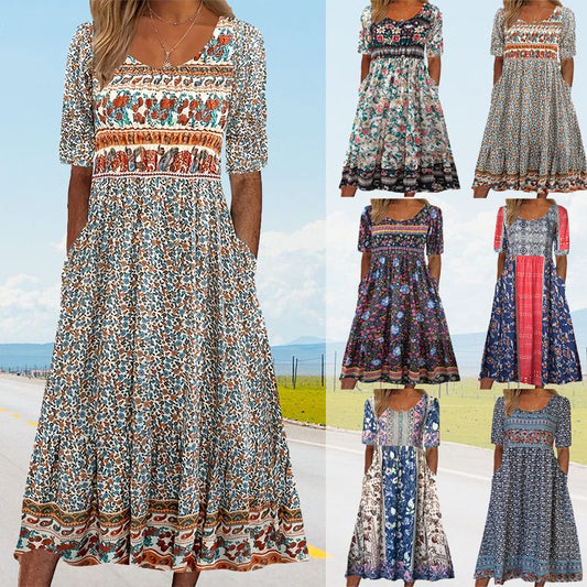 🌸 Elegantní dámské šaty s boho potiskem