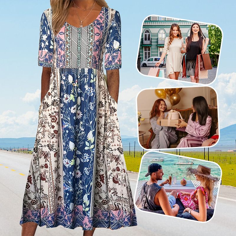 🌸 Elegantní dámské šaty s boho potiskem