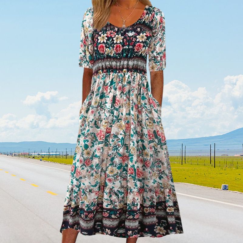🌸 Elegantní dámské šaty s boho potiskem