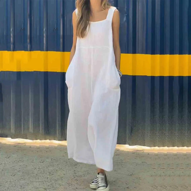 Ležérní prodyšný overal bez rukávů s hranatým výstřihem