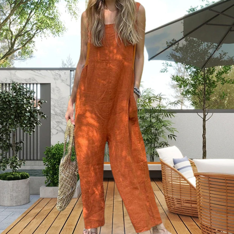 Ležérní prodyšný overal bez rukávů s hranatým výstřihem