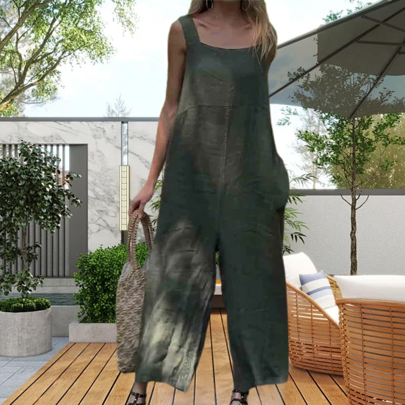 Ležérní prodyšný overal bez rukávů s hranatým výstřihem