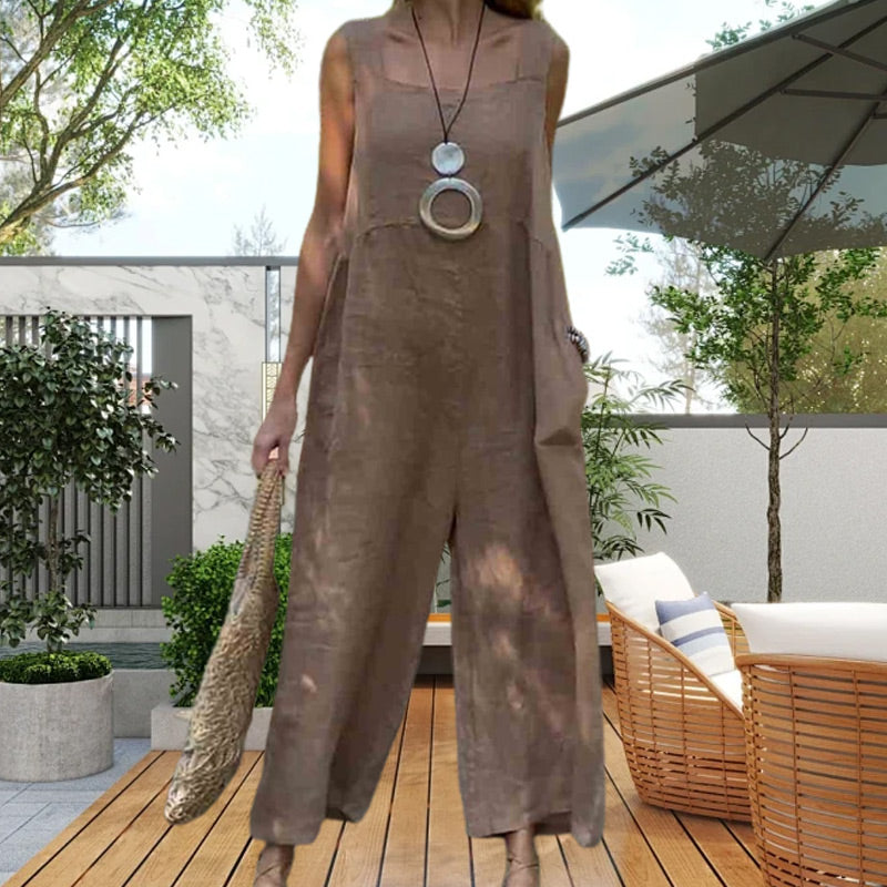 Ležérní prodyšný overal bez rukávů s hranatým výstřihem