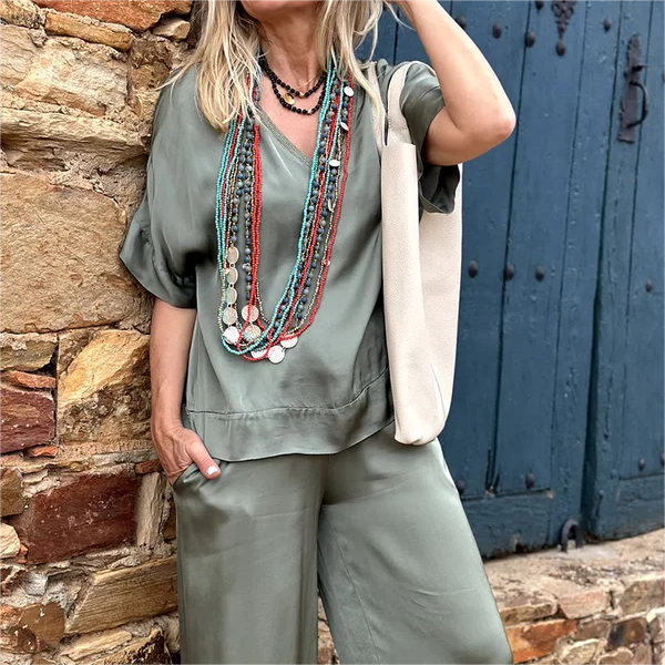 💝 Top s krátkým rukávem a širokými nohavicemi, 2dílná sada✨