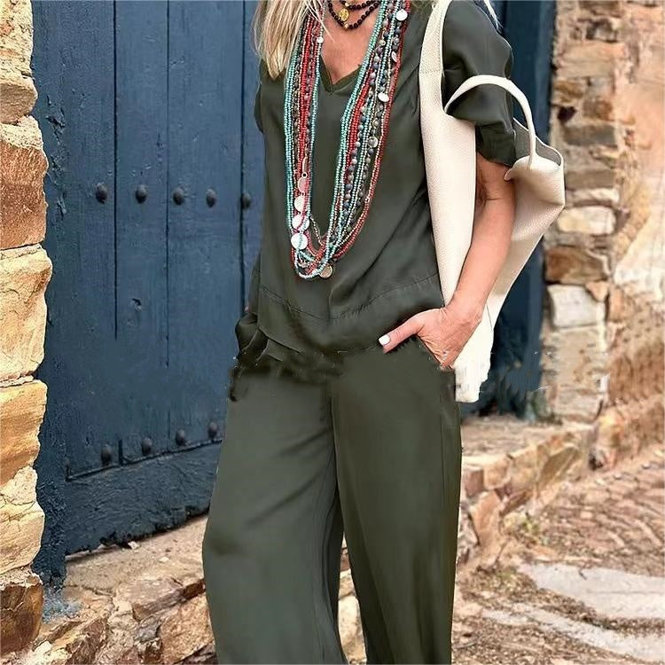 💝 Top s krátkým rukávem a širokými nohavicemi, 2dílná sada✨