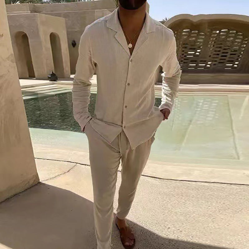 🌴Pánská minimalistická dvoudílná ležérní souprava z bavlny a lnu