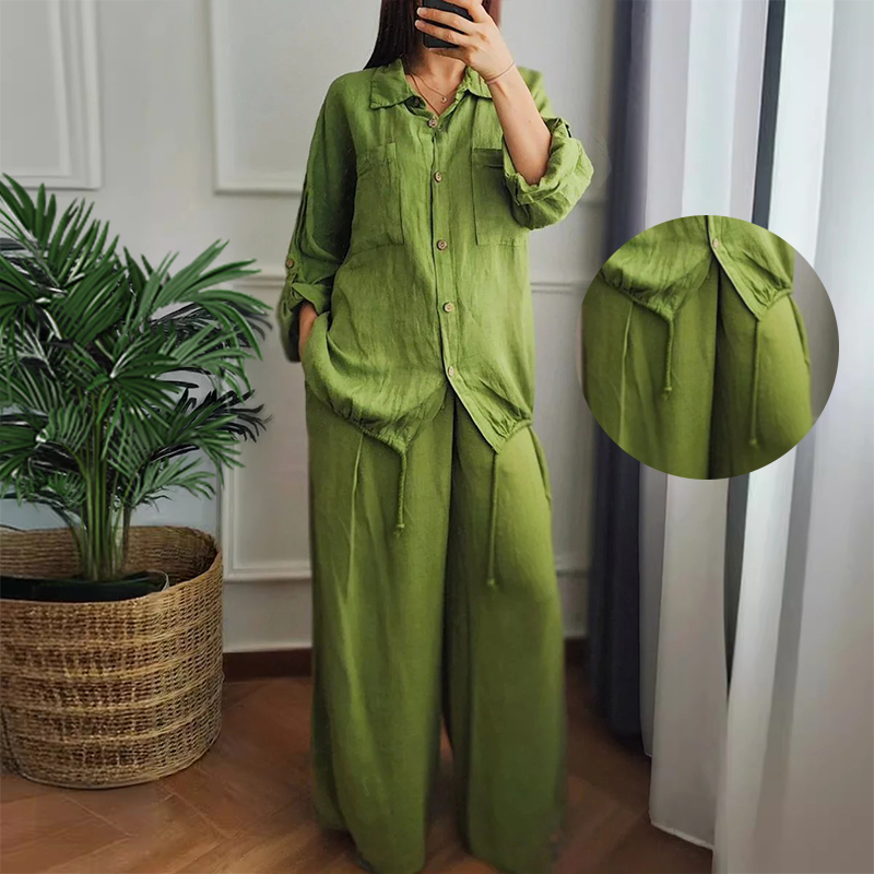 Top z bavlny a lnu se stahovacím lemem a bavlněné a lněné kalhoty