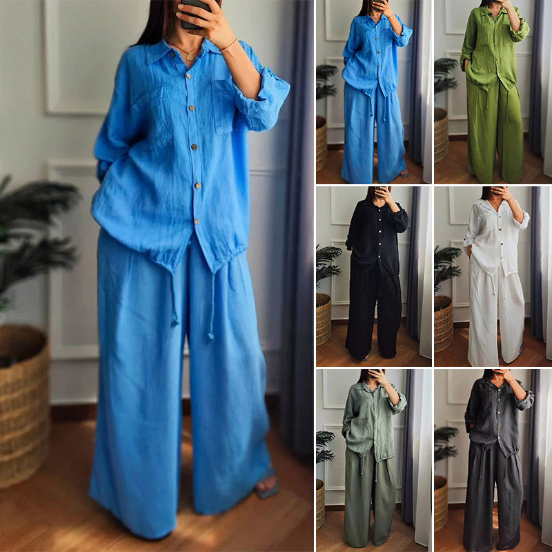 Top z bavlny a lnu se stahovacím lemem a bavlněné a lněné kalhoty