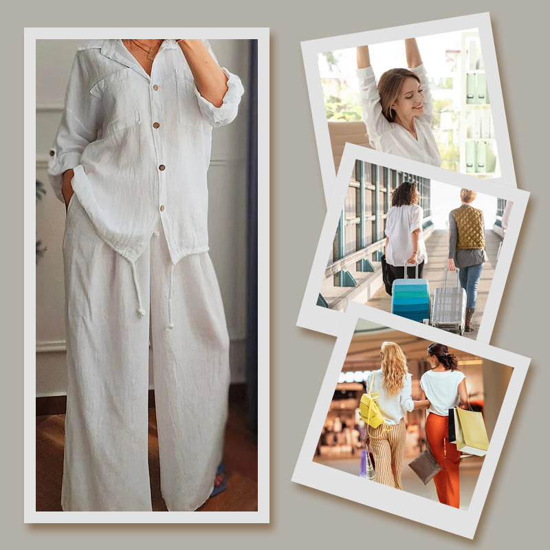 Top z bavlny a lnu se stahovacím lemem a bavlněné a lněné kalhoty