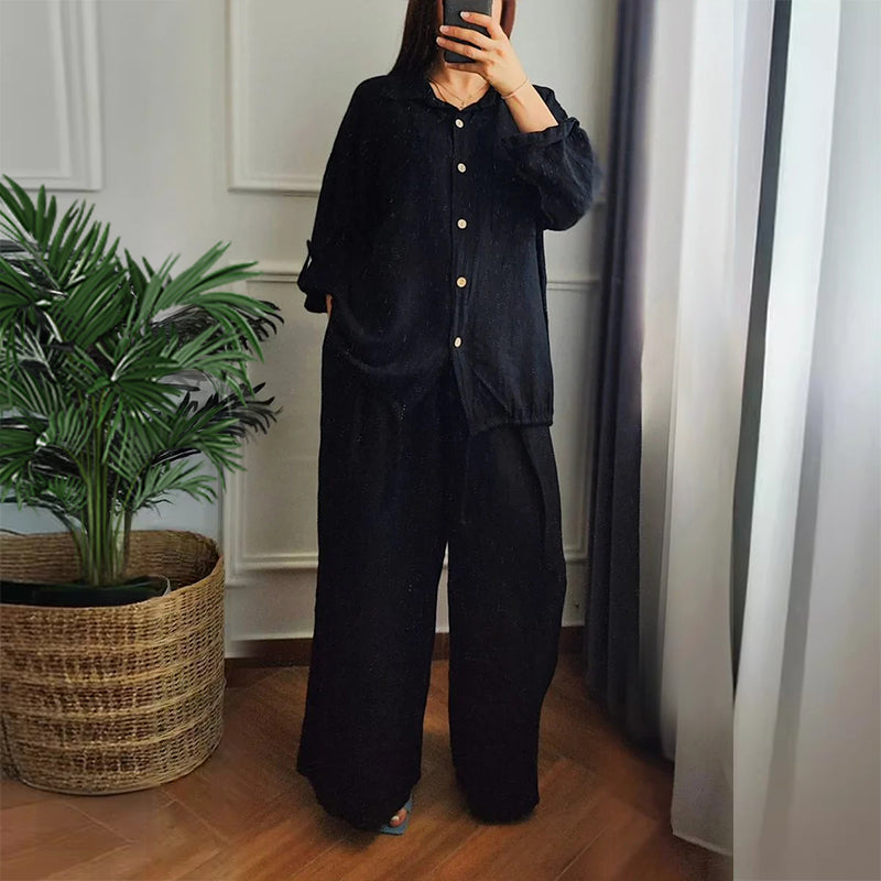 Top z bavlny a lnu se stahovacím lemem a bavlněné a lněné kalhoty