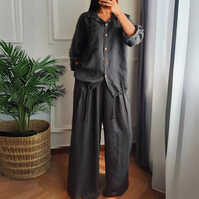 Top z bavlny a lnu se stahovacím lemem a bavlněné a lněné kalhoty