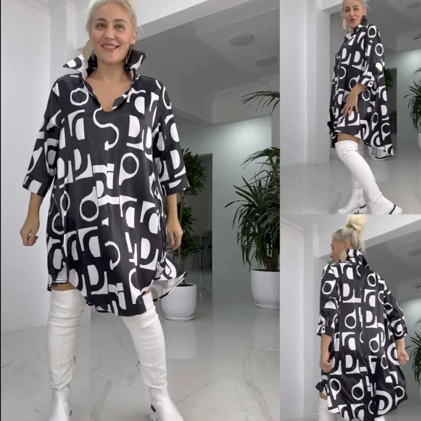 🌟Módní košilové šaty s klopovým límečkem a potiskem výstřihu do V