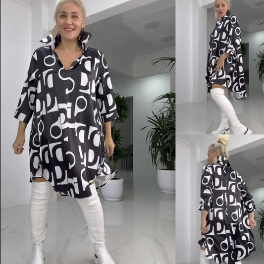 🌟Módní košilové šaty s klopovým límečkem a potiskem výstřihu do V