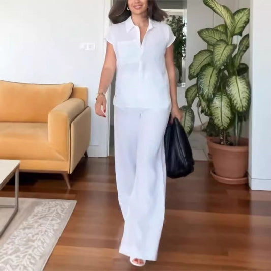 Stylová dvoudílná souprava, lněná a bavlněná košile s krátkým rukávem a široké kalhoty