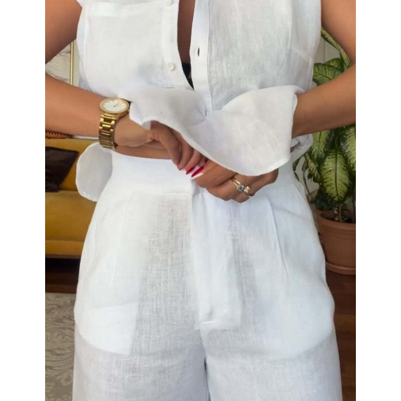 Stylová dvoudílná souprava, lněná a bavlněná košile s krátkým rukávem a široké kalhoty