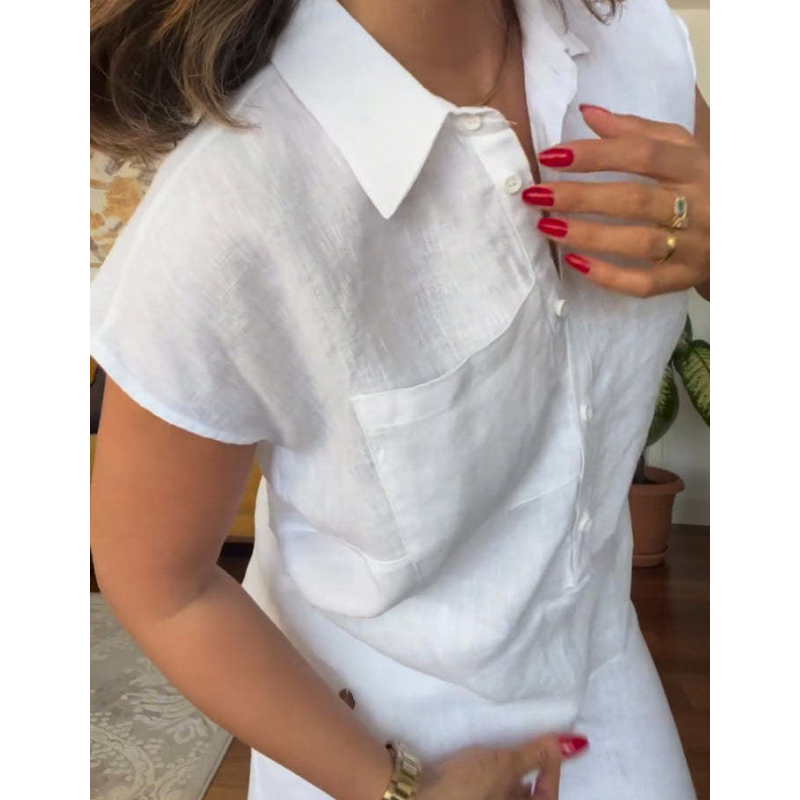 Stylová dvoudílná souprava, lněná a bavlněná košile s krátkým rukávem a široké kalhoty