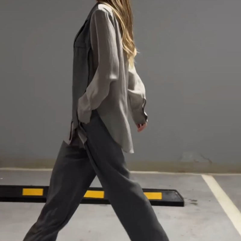 【✨Elegantní a intelektuální】👗Módní patchwork nepravidelné šněrovací košile a kalhoty, dvoudílná sada