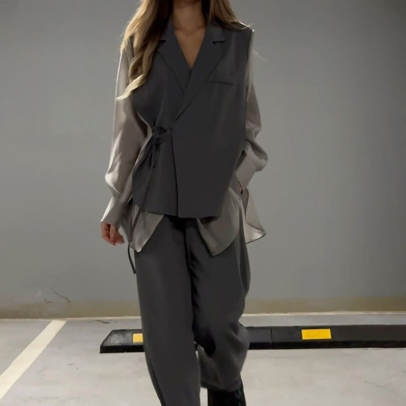 【✨Elegantní a intelektuální】👗Módní patchwork nepravidelné šněrovací košile a kalhoty, dvoudílná sada