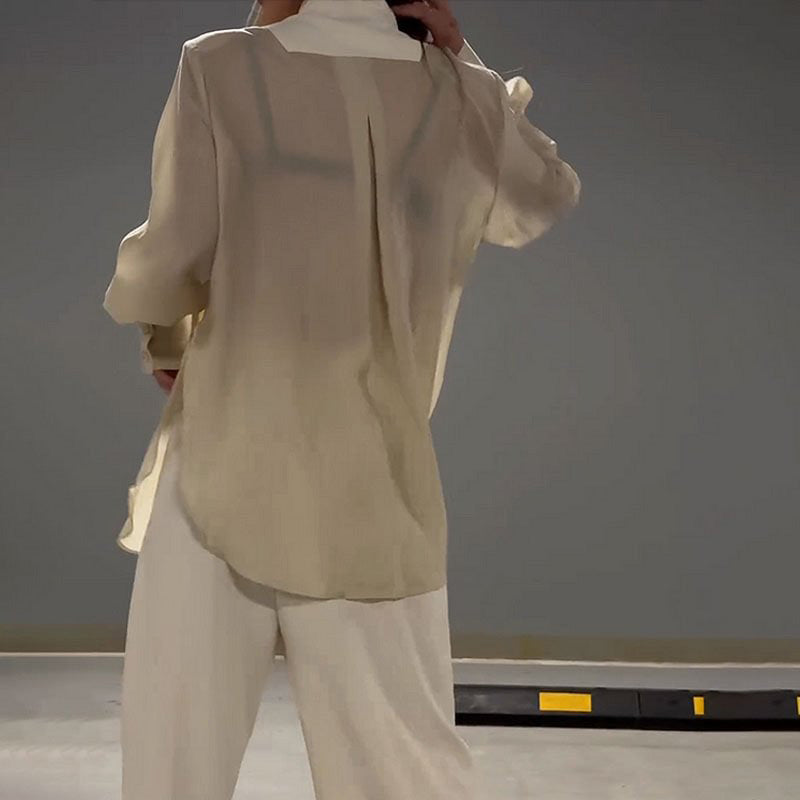 【✨Elegantní a intelektuální】👗Módní patchwork nepravidelné šněrovací košile a kalhoty, dvoudílná sada