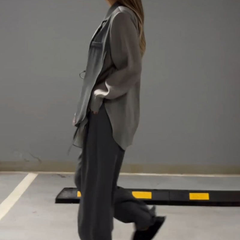 【✨Elegantní a intelektuální】👗Módní patchwork nepravidelné šněrovací košile a kalhoty, dvoudílná sada