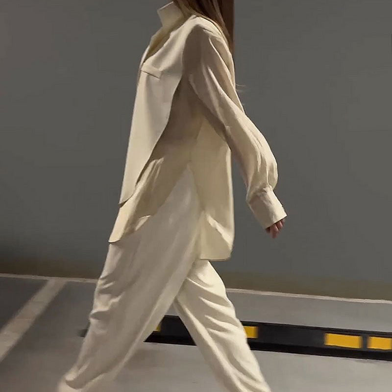 【✨Elegantní a intelektuální】👗Módní patchwork nepravidelné šněrovací košile a kalhoty, dvoudílná sada