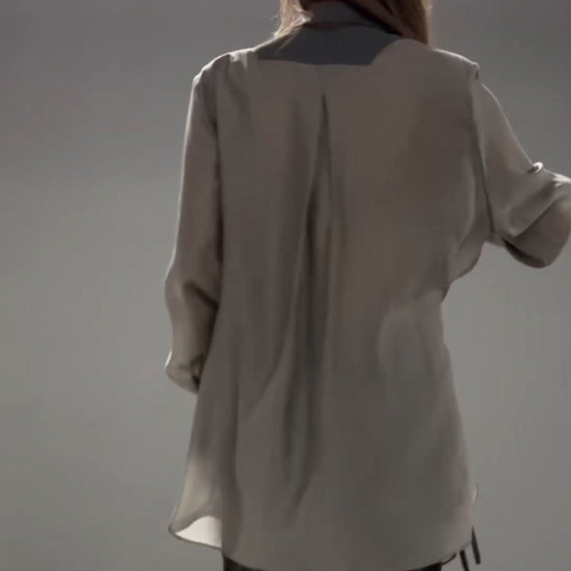 【✨Elegantní a intelektuální】👗Módní patchwork nepravidelné šněrovací košile a kalhoty, dvoudílná sada