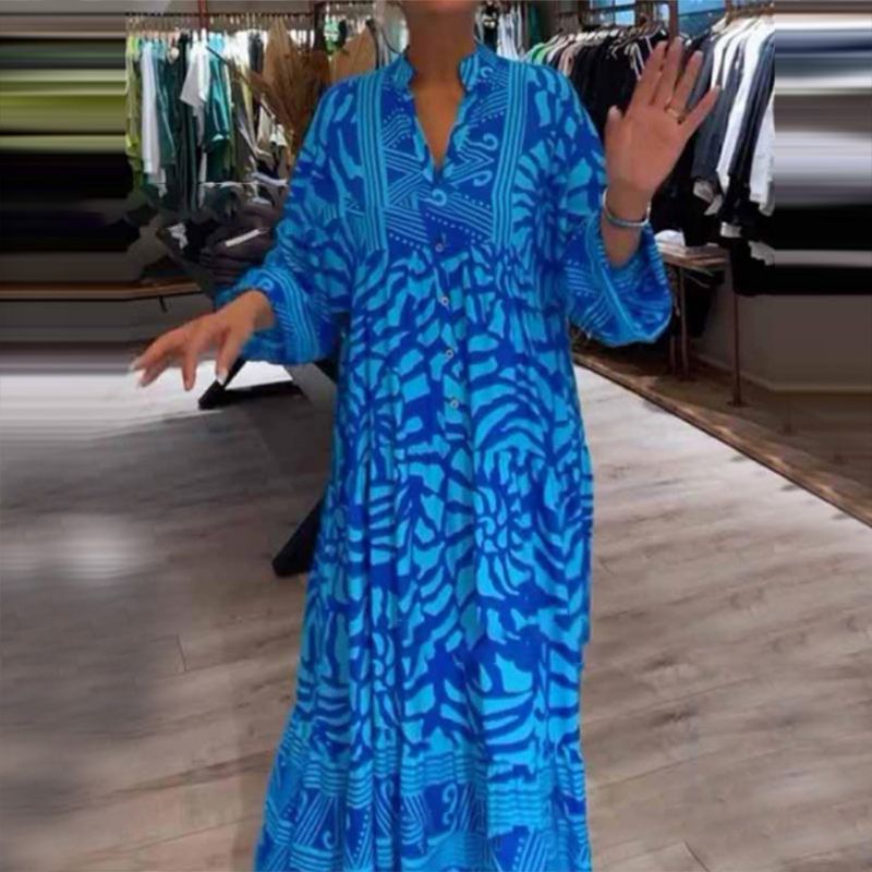 Dámské volné šaty s potiskem a výstřihem do V