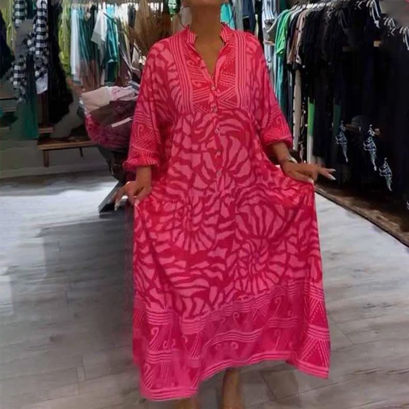 Dámské volné šaty s potiskem a výstřihem do V