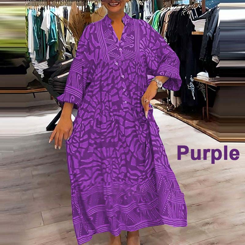 Dámské volné šaty s potiskem a výstřihem do V