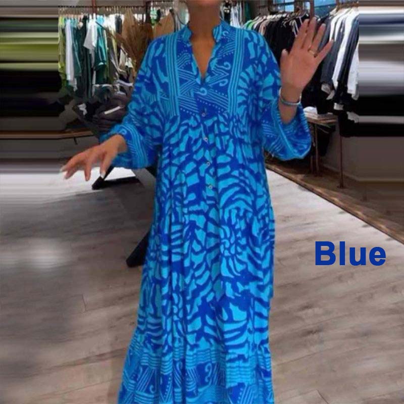 Dámské volné šaty s potiskem a výstřihem do V