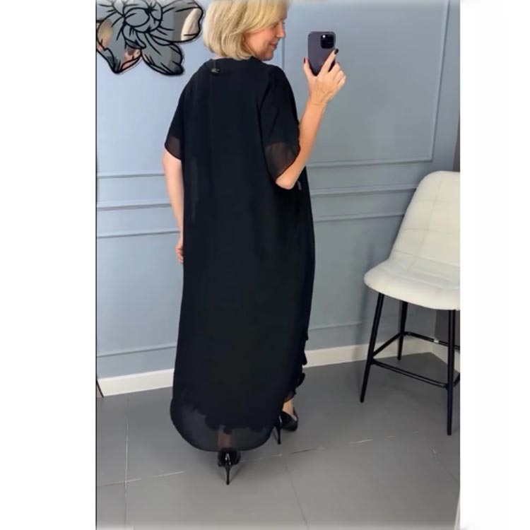 Dámské elegantní černé šaty s výstřihem do V a nepravidelným sakem - dvoudílná sada