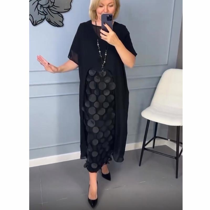 Dámské elegantní černé šaty s výstřihem do V a nepravidelným sakem - dvoudílná sada