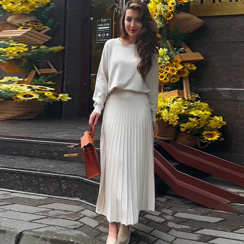 Dámský 2dílný top a skládaná sukně s kulatým výstřihem