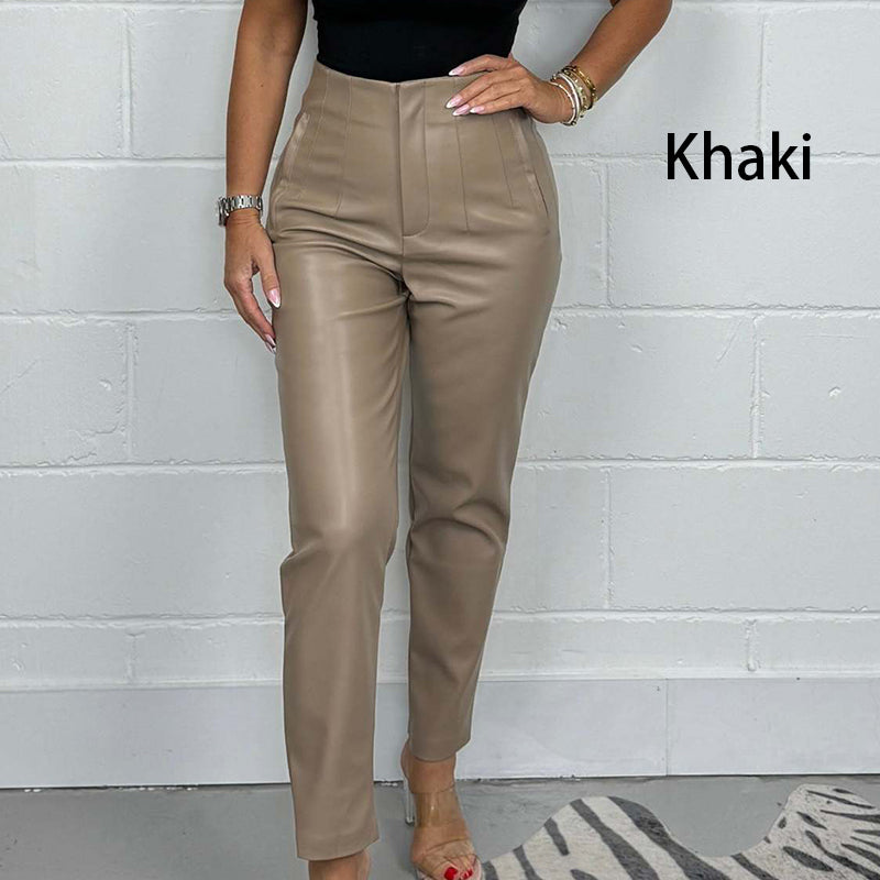 Dámské kalhoty z umělé kůže s vysokým pasem