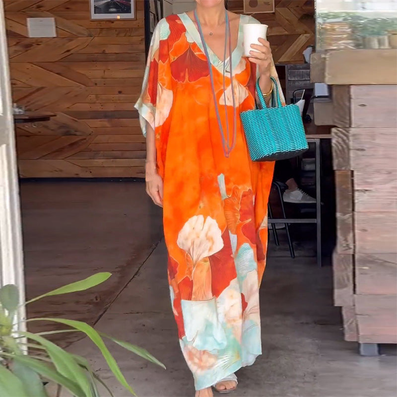 Volné dlouhé šaty s půl rukávem s květinovým potiskem