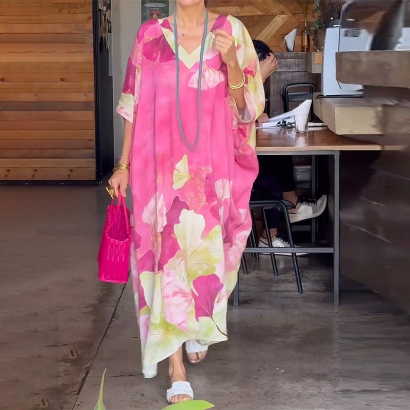 Volné dlouhé šaty s půl rukávem s květinovým potiskem