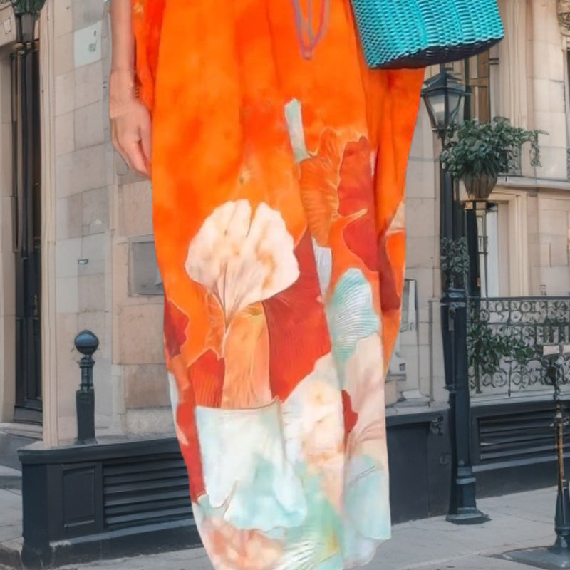 Volné dlouhé šaty s půl rukávem s květinovým potiskem