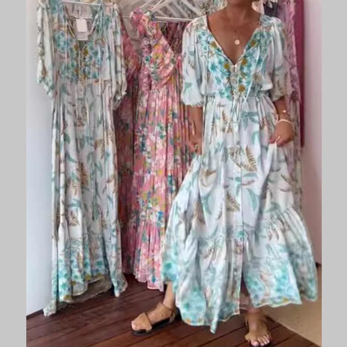 Módní dámské maxi šaty s páskem a výstřihem do V