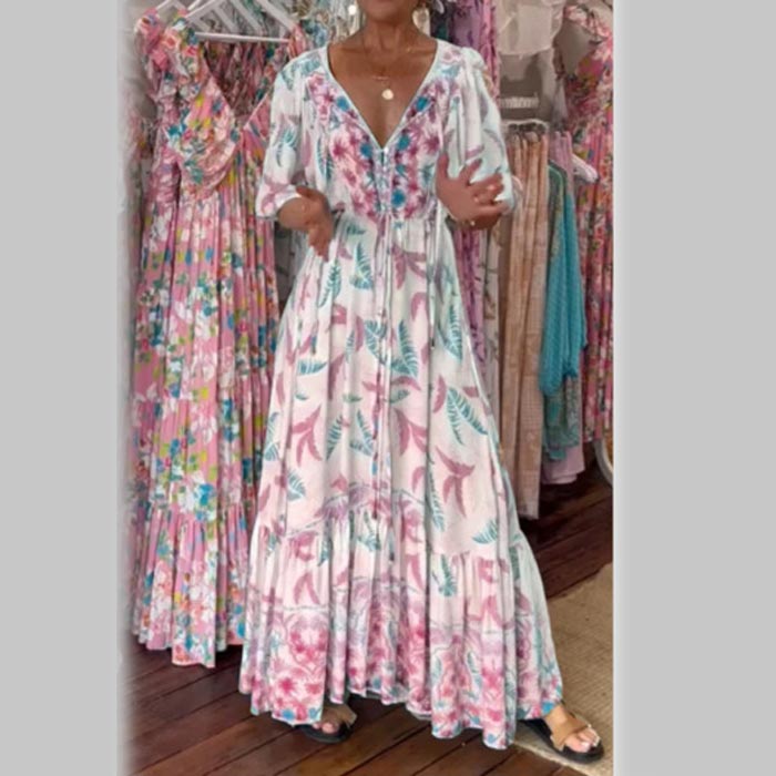 Módní dámské maxi šaty s páskem a výstřihem do V