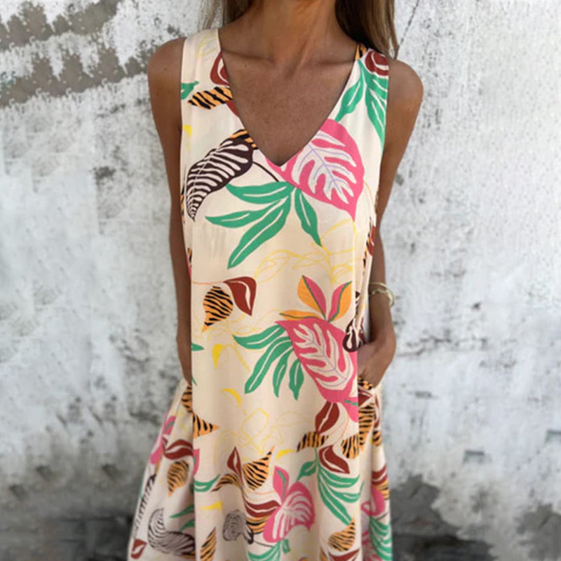 Módní šaty bez ramínek s výstřihem do V s volným kapesním potiskem