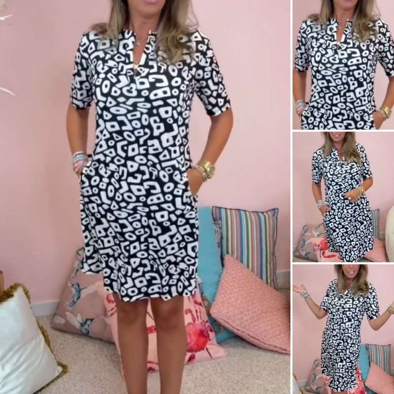 Potištěné šaty s výstřihem do V s krátkým rukávem