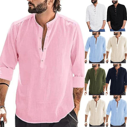 Pánská neformální bavlněná lněná košile s dlouhým rukávem 2025